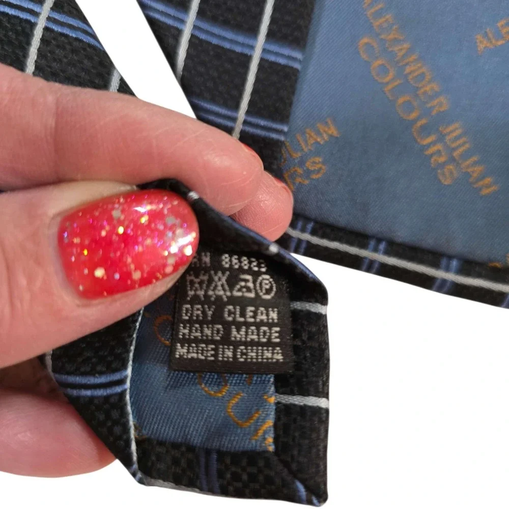 ALEXANDER‎ JULIAN Colours Mens Silk Blend Tie Black Blue Plaid Pattern Business